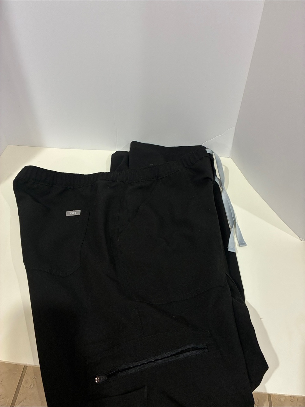 Figs Men's Black Scrub Pants with Light Blue Drawstring
